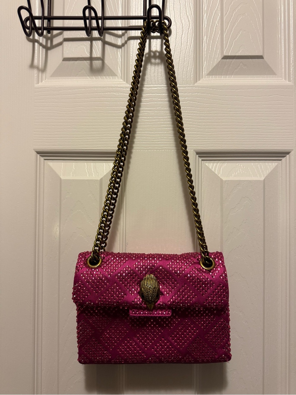 Fuchsia Studded Chain-Handle Shoulder Bag with Antique Brass Accent